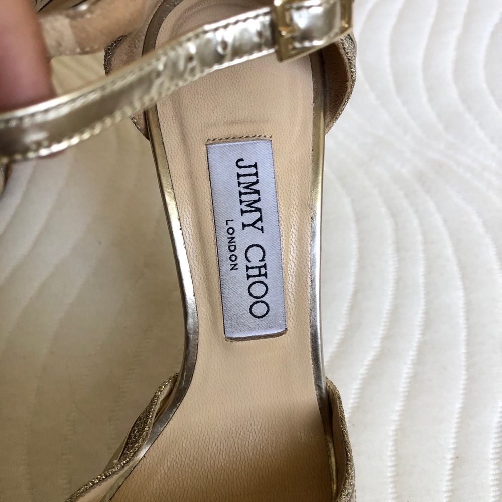 Jimmy Choo Gold Metallic Leather Platform Sandal Heels - Picture 5 of 9